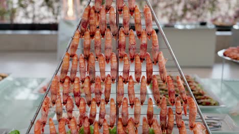 cooked shrimp arranged on skewers in a buffet seafood presentation setting