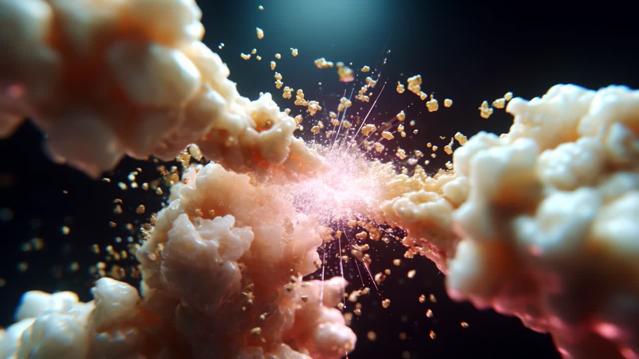 An Explosive Collision of Popcorn Kernels Creating a Beautiful Display of Colorful Sparks and Fluff in a Macro Perspective, Showcasing the Artistry of Food in Motion with Dynamic Visual Effects