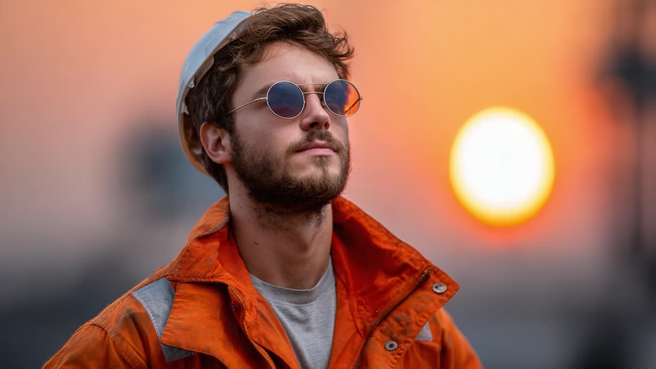 Worker at Dusk: Strong Portrait of a Young Man in Safety Gear and Sunglasses Against a Vibrant Sunset Background