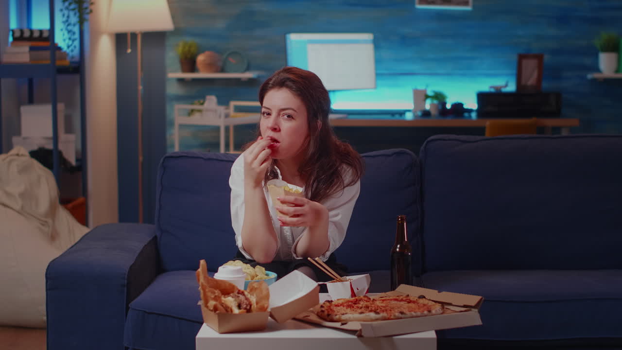 Young adult using video call remote technology sitting on sofa