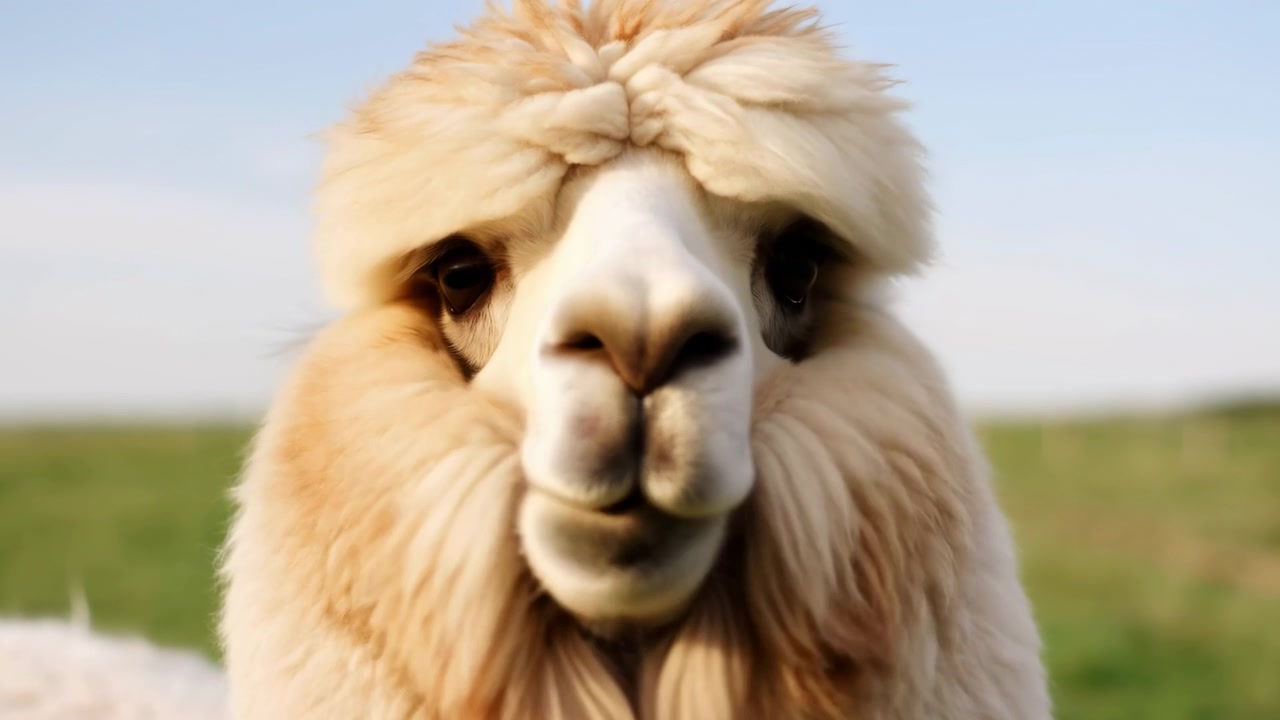 Primo piano di un alpaca soffice in un campo, volto curioso con lana morbida e lunghe ciglia, movimento delicato della bocca.