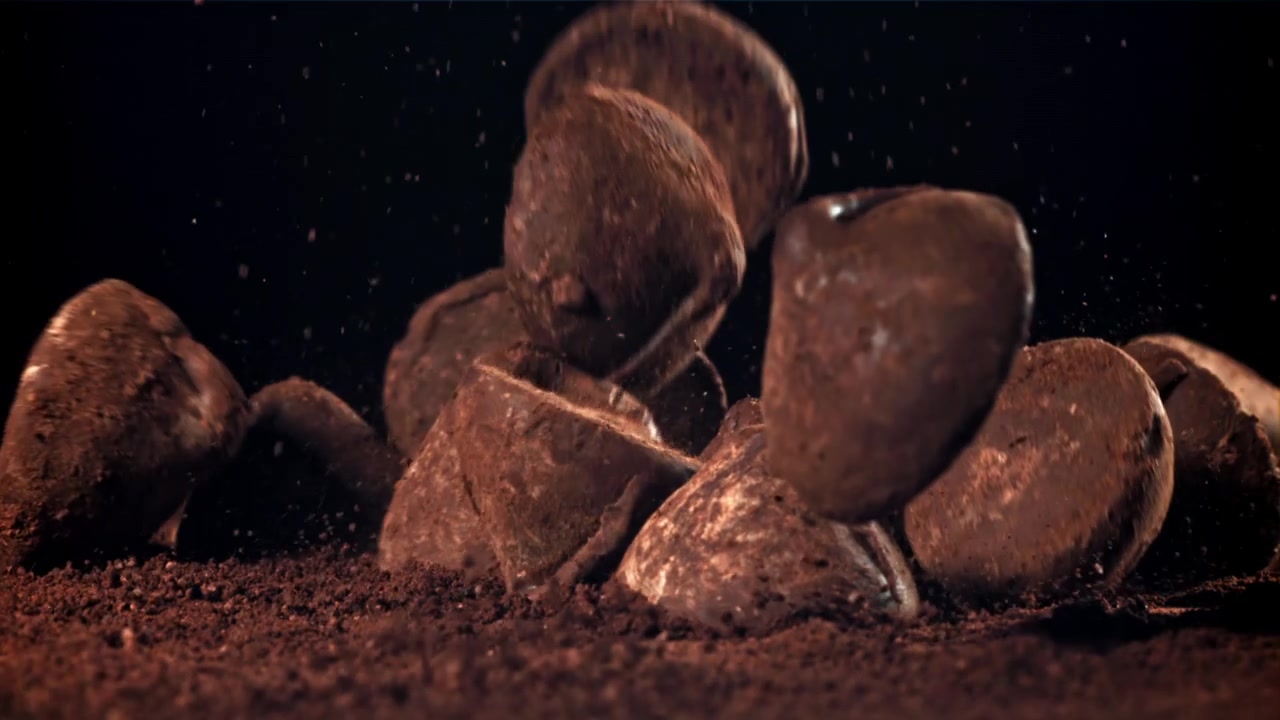 Delicious Chocolate Truffles Falling onto Cocoa Powder in Slow Motion