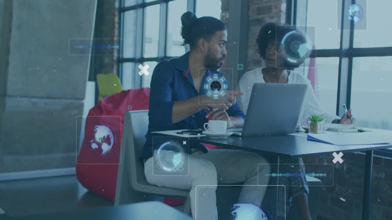 Animation of digital interface with icons over biracial couple using technology