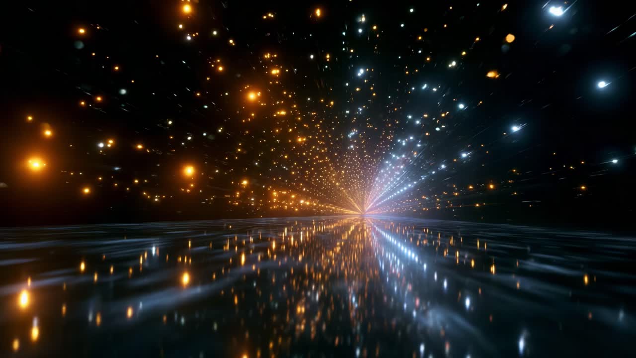 A mesmerizing journey through a cosmic tunnel of shimmering lights and colors, where vibrant particles dance and reflect upon a smooth surface, creating an enchanting visual exploration of deep space
