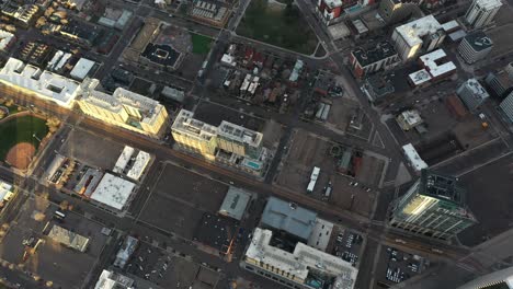 Aerial-View-of-Empty-Parking-Lots-and-Buildings-in-Downtown-Denver,-Colorado-USA-Birdseye-Drone-Shot