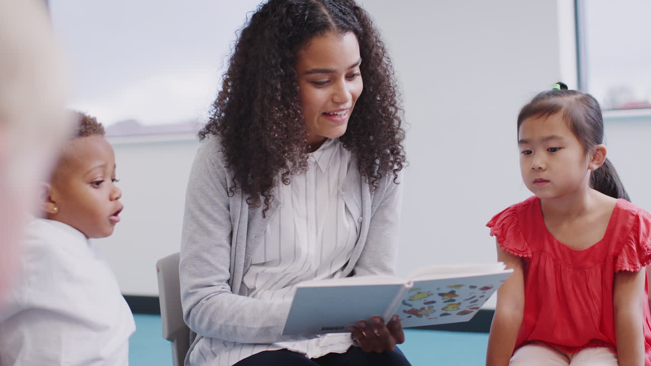 Young female teacher showing a book to children in infant school class, close up, over shoulder view