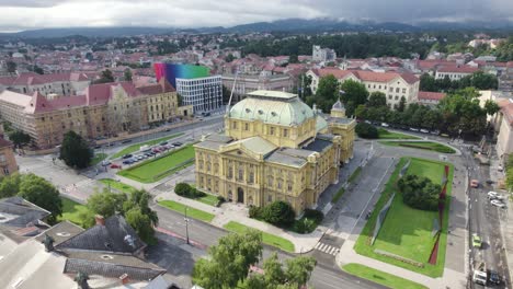 aerial view circling the croatian national theatre, zagreb scenic urban public garden town square