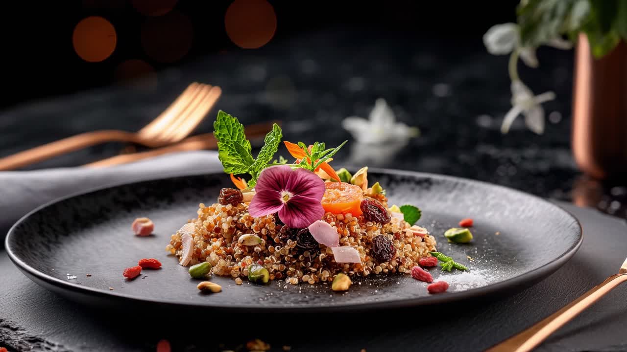 Gourmet quinoa salad is garnished with edible flowers, nuts, dried fruit, and microgreens, creating a visually appealing and healthy dish on a stylish black plate in a sophisticated setting