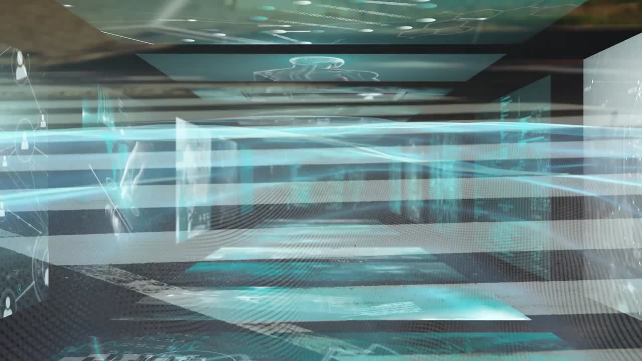 빠른 동작으로 걸어가는 보행자 위의 화면에서 데이터 처리의 애니메이션