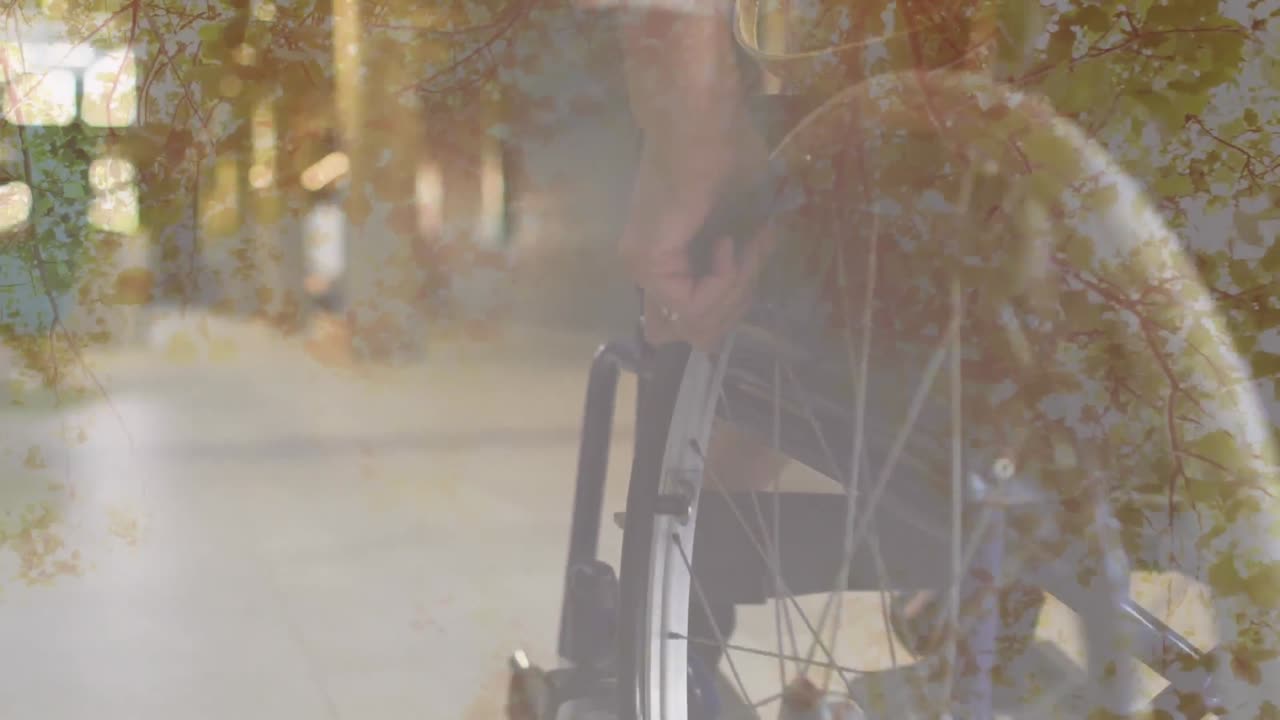 공원 에서  ⁇ 체어 를 타고 있는 사람 위 에 나무 가  ⁇ 여 있는 애니메이션