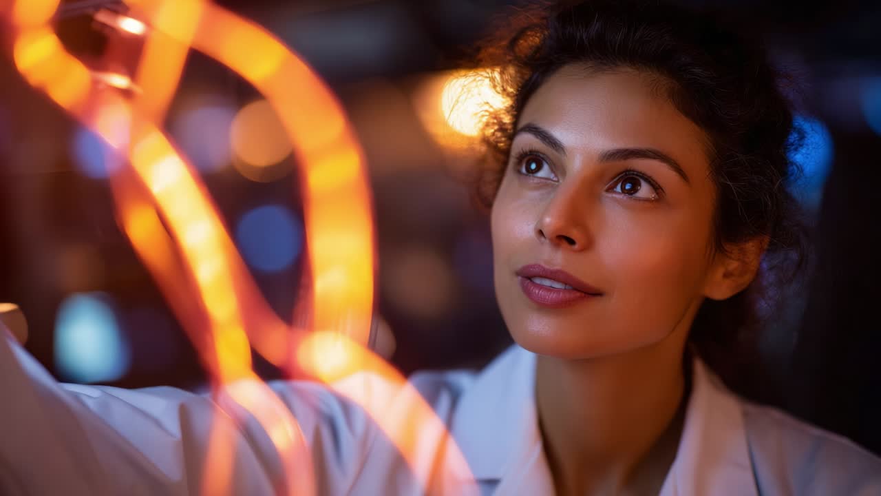 A thoughtful scientist engaged in experimental exploration, captivated by the luminous glow of vibrant illumination, demonstrating the interplay of light and curiosity in a laboratory setting