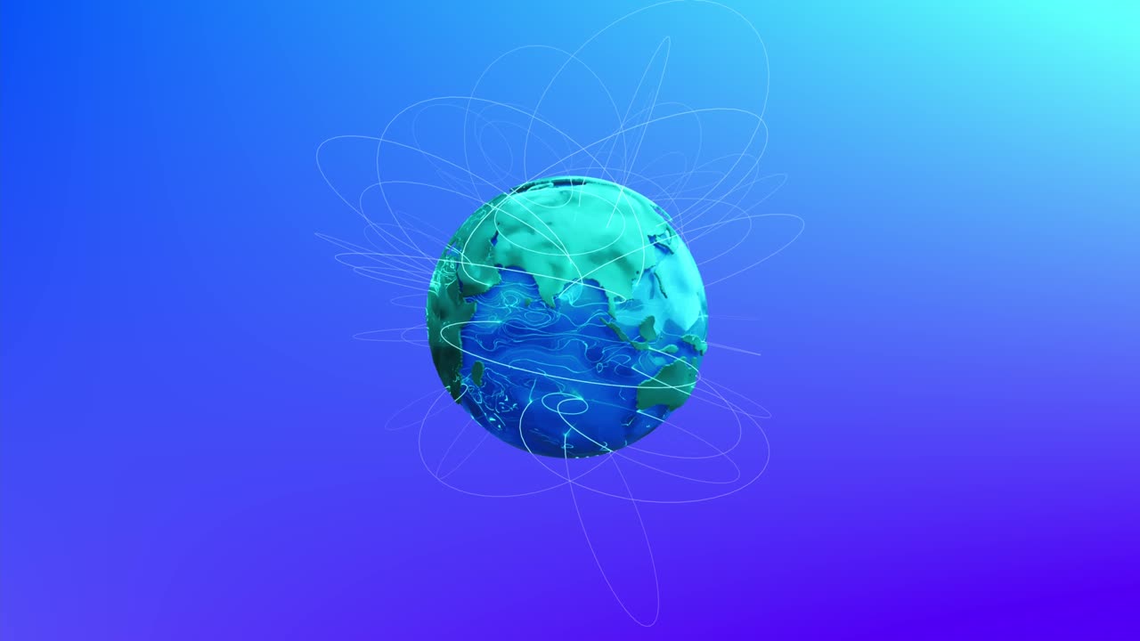Blue planet earth with green continents and virtual communication lines. Loop animation.