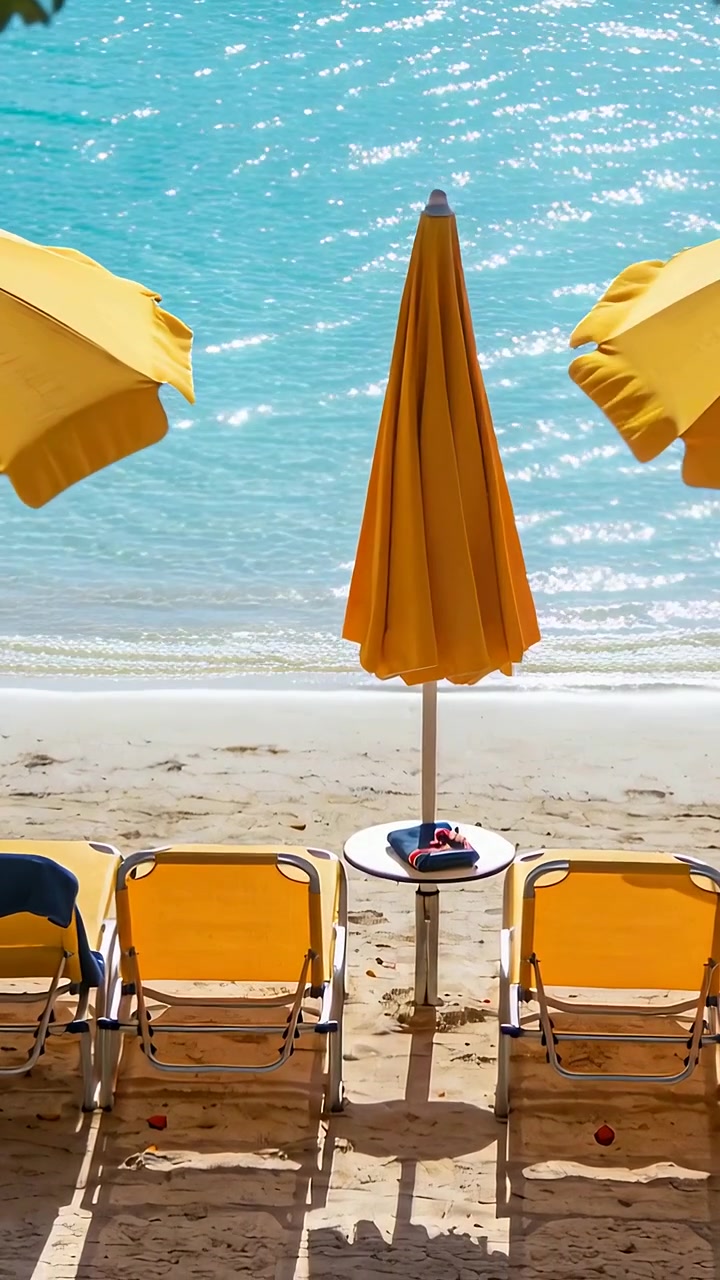 Video verticale: Ombrellone giallo che ondeggia dolcemente sulla spiaggia, offre ombra con sandali.