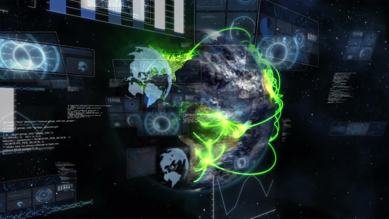 Starfield initiating floating 3D globe arcs pulsing and sliding panels visualizing network