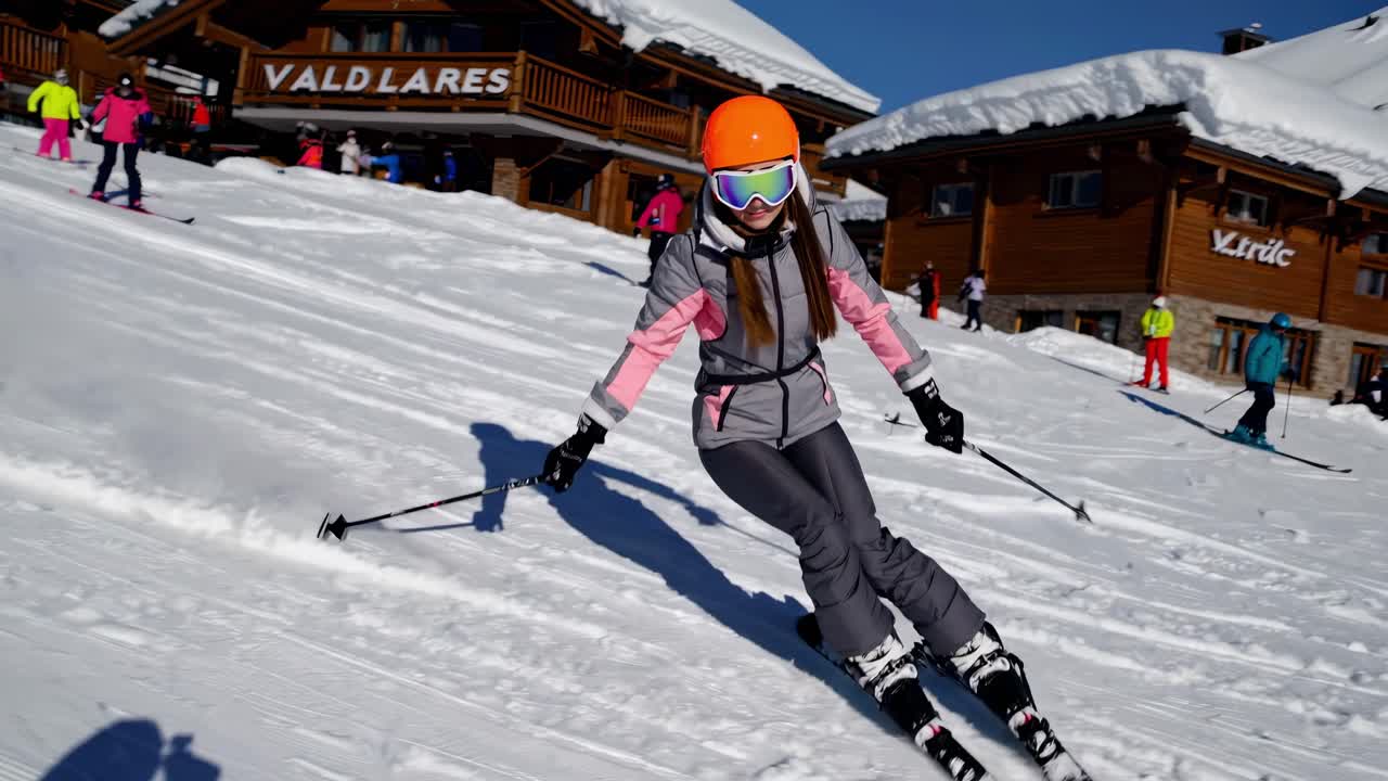 숙련된 여성 스키 선수는 빛으로 빛나는 알파인 경사에서 정확한 회전을 조각하여 겨울 스포츠 휴가 동안 순수한 산 풍경에 대해 우아한 눈길을 만니다.