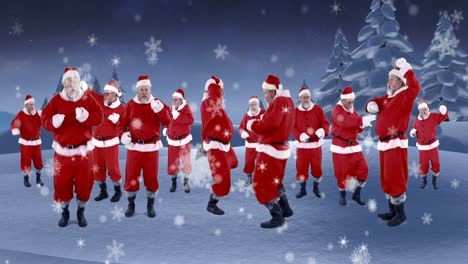 Group-of-santa-claus-dancing-on-a-snowy-landscape