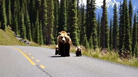 mother and cub bear on a mountain road