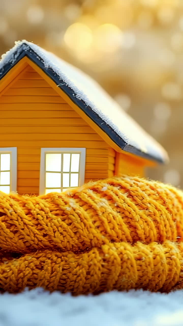 Winter warmth for a cozy little home. A small yellow house wrapped in a cozy orange scarf sits in a snowy landscape with gentle sunlight shining through.