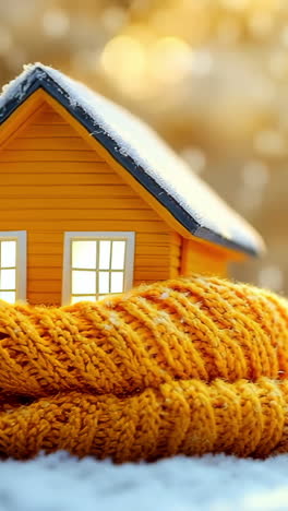 winter warmth for a cozy little home. a small yellow house wrapped in a cozy orange scarf sits in a snowy landscape with gentle sunlight shining through.
