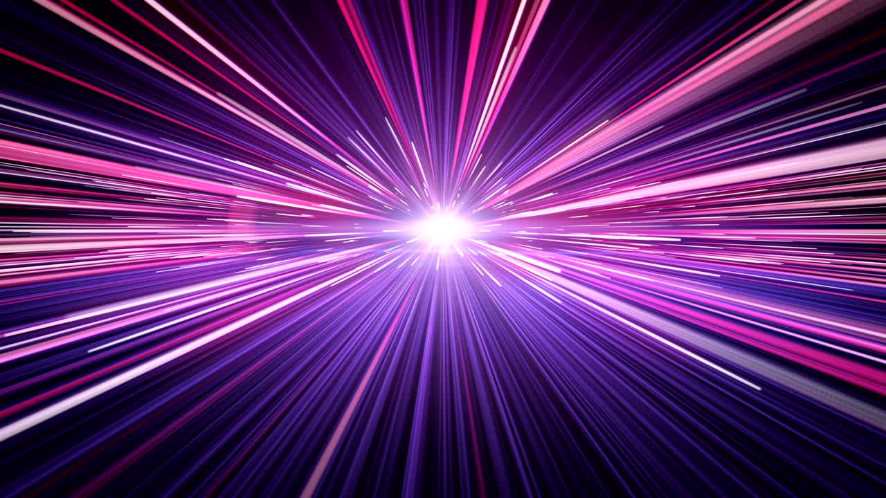 salto abstracto en el hiperespacio. rápido y hermoso viaje espacial a través de estrellas senderos color rosa-azul. concepto de diseño digital. animación en 3d en bucle de líneas brillantes