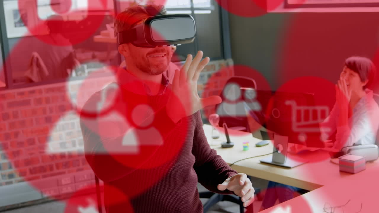다양한 동료들과 vr 헤드 ⁇ 을 착용한 백인 남성에 대한 소셜 미디어 아이콘의 애니메이션