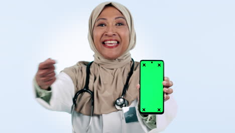 Medical,-phone-and-green-screen-with-a-muslim
