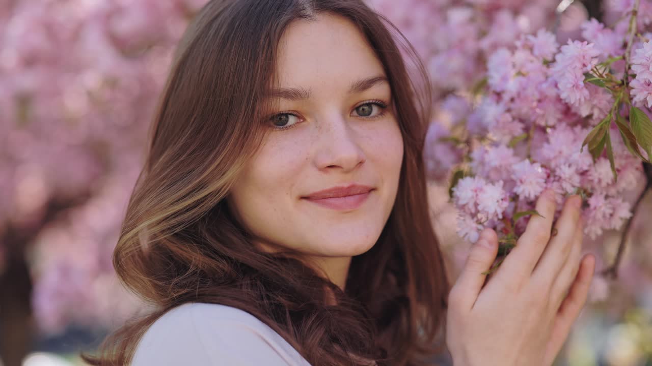 Woman by cherry blossom tree