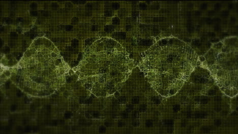 animation of dna strand spinning over pattern on black background