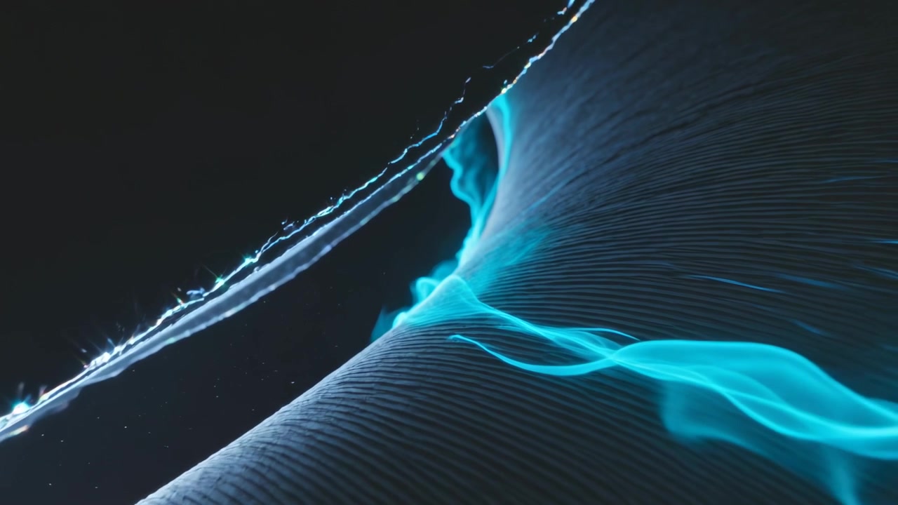 Arco superiore in movimento che fa emergere un nastro ciano, scorrendo lungo una superficie a coste in studio, con scintille.