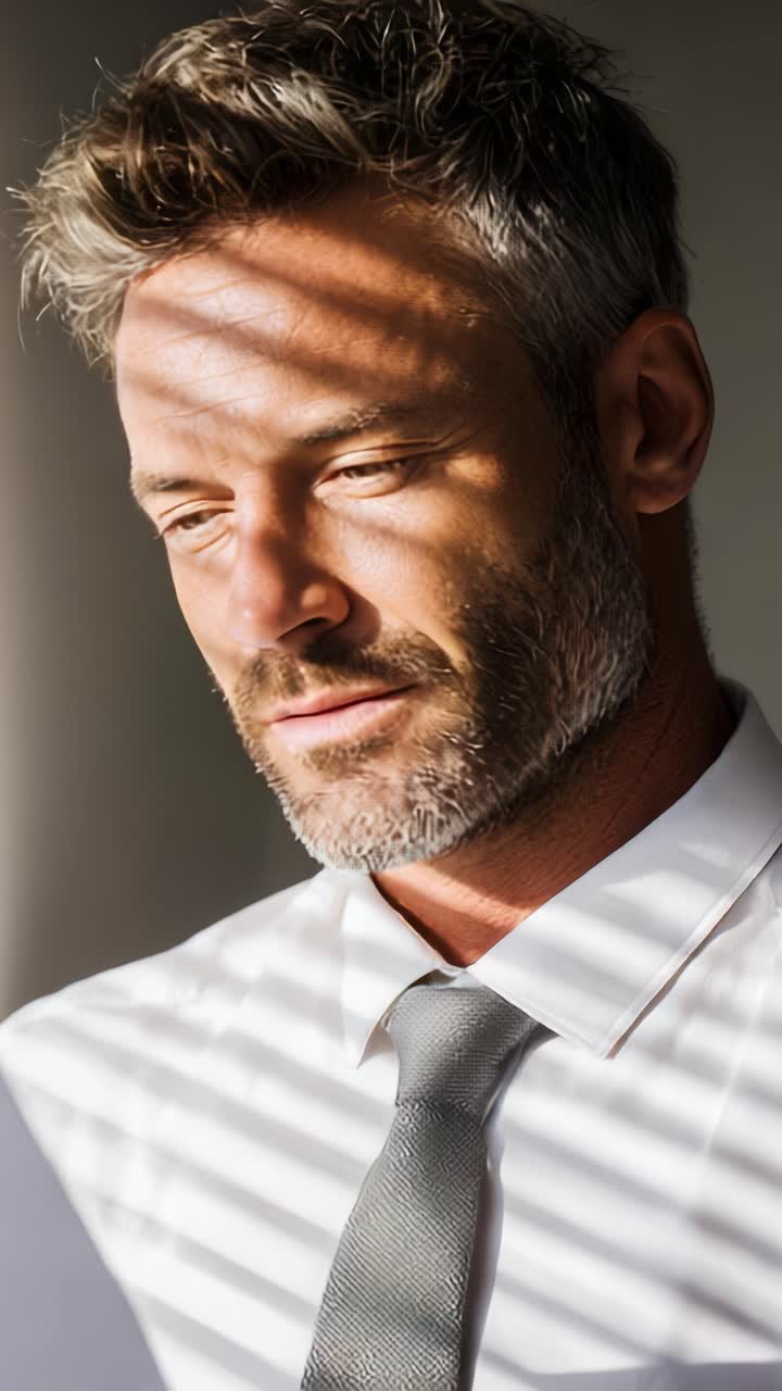 Un uomo riflessivo in camicia e cravatta, illuminato dalla luce naturale che proietta ombre, che riflette su qualcosa di significativo mentre guarda pensieroso avanti