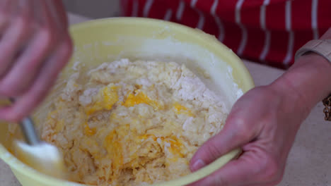 making dough for bryndzove halusky - woman mixing grated potatoes, flour, and eggs on the bowl with spatula. - close up
