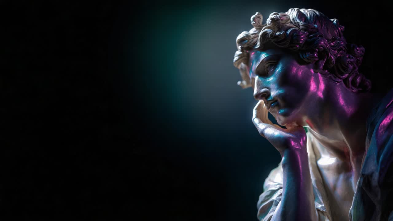 Una scultura affascinante di una figura contemplativa, bagnata da una luce eterea, che riflette emozioni e bellezza senza tempo, catturando la maestria artistica in ogni dettaglio.