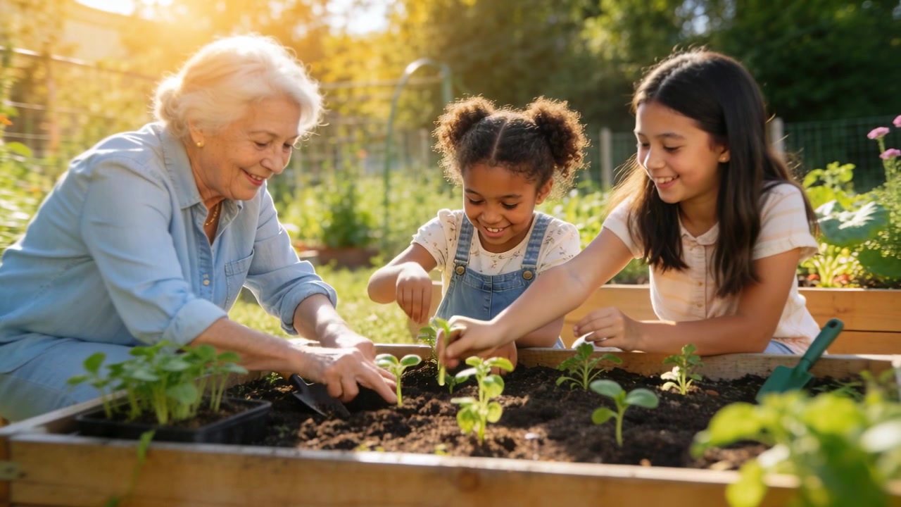 Showing grandmother in blue shirt teaching two girls planting plants in raised bed with trowel