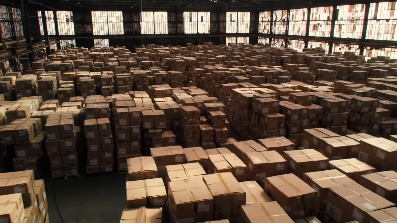 Massive Warehouse Activity Showcasing an Extensive Array of Stacked Boxes with Sunlight Filtering Through Glass Windows, Highlighting Logistics and Inventory Management
