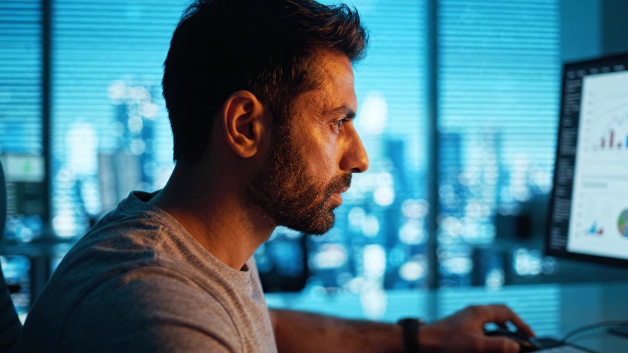 Professionista concentrato che analizza dati sullo schermo del computer di notte con le luci della città sullo sfondo, riflettendo un lavoro intenso e alti livelli di concentrazione.