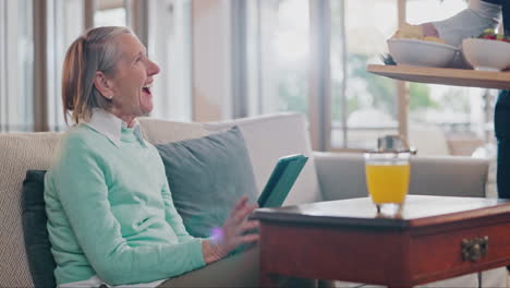 Woman,-nurse-and-breakfast-on-sofa-in-elderly