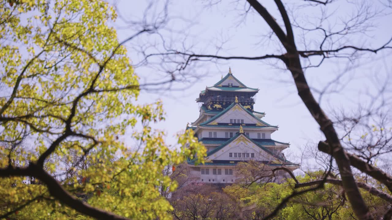 Japonya, Osaka Kalesi'nde ılık güneşli bir gün, Kale Parkı'nda genel plan çekimi.