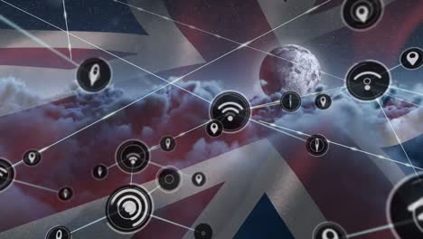 animation of network of connection and icons over uk flag and cloudy sky