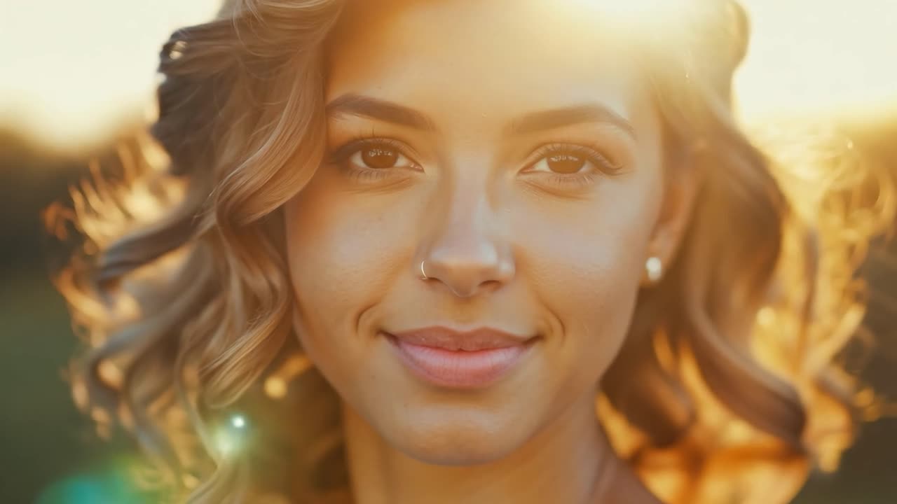 una mujer hermosa sonriendo en la puesta de sol.