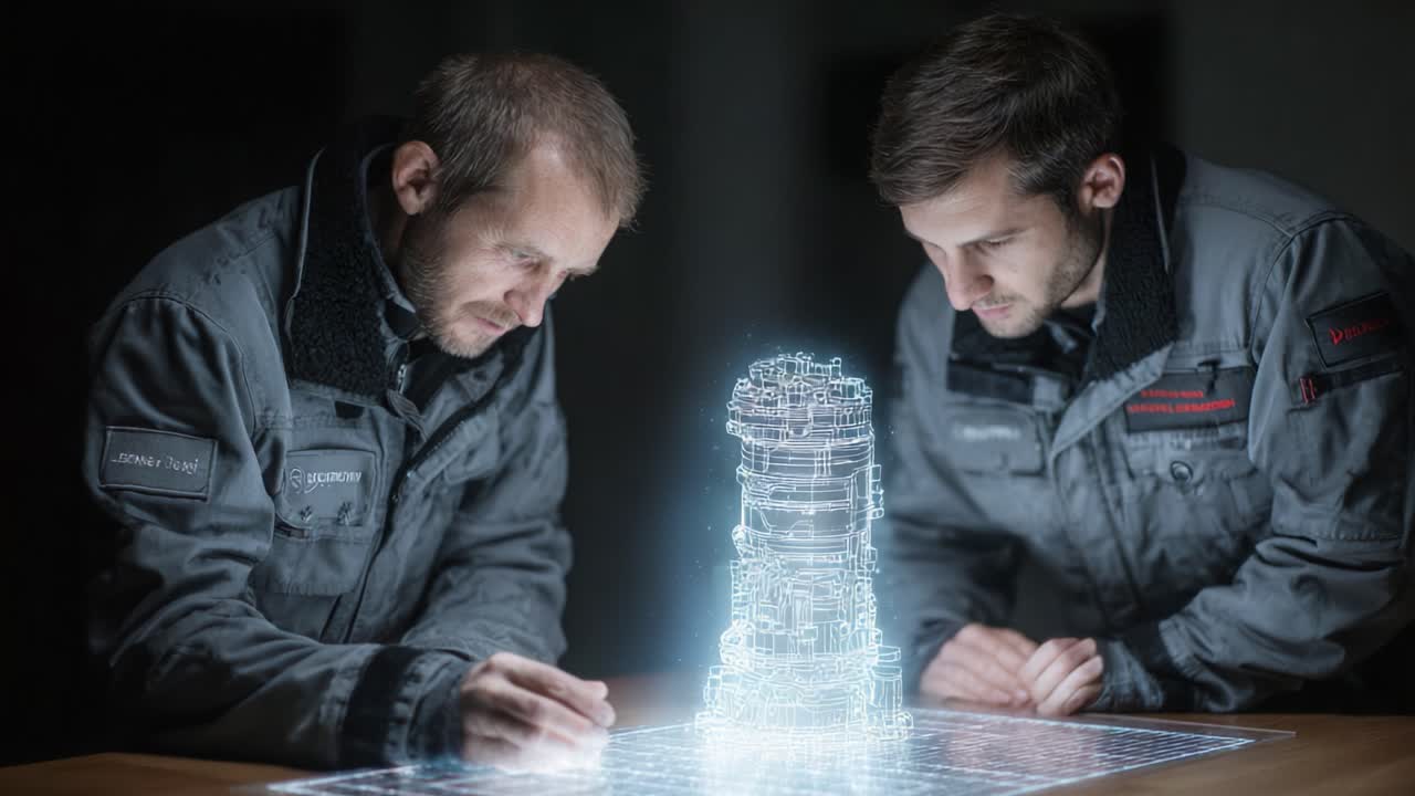 To ingeniører analyserer 3D-tegning af en kompleks struktur med holografisk projektion ved en arbejdsstation i et højteknologisk miljø