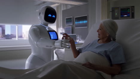 a robot assists an elderly patient in a hospital room