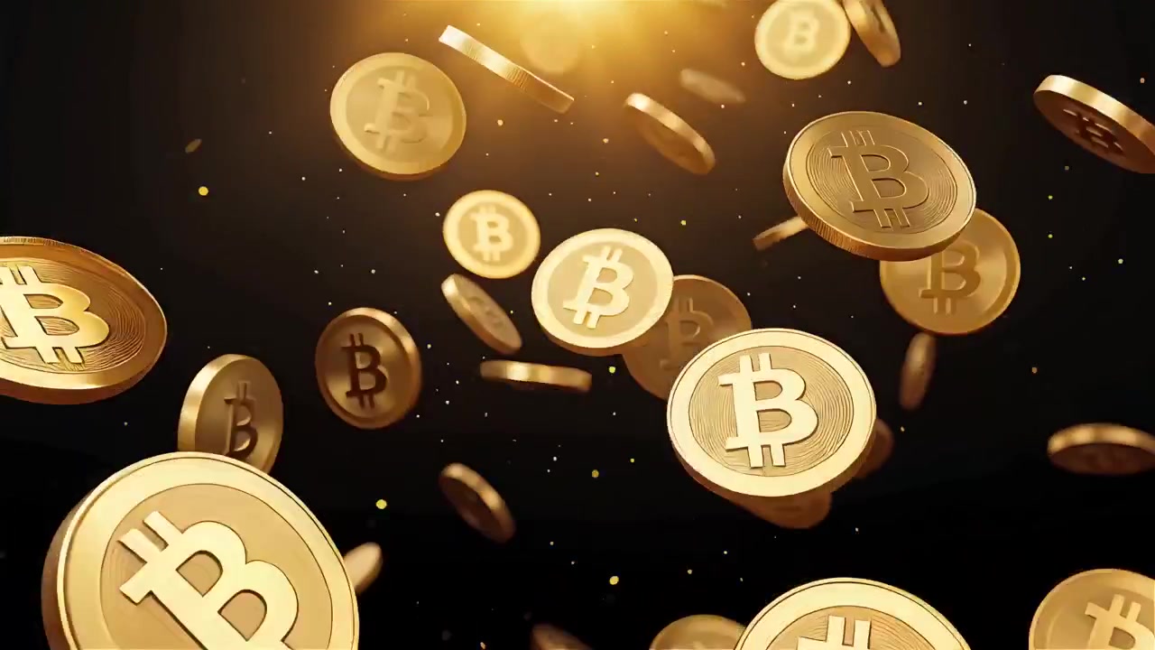Bitcoin in rotazione su sfondo nero drammatico 4k