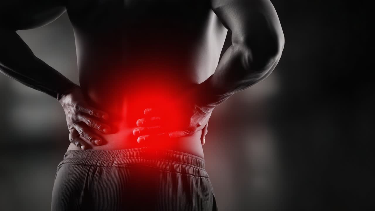 A close-up view of a person experiencing lower back pain, highlighting the discomfort and physical strain with a focus on the red glow symbolizing the source of pain