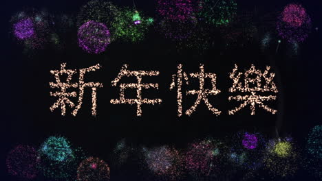 animation of happy new year text greetings over fireworks