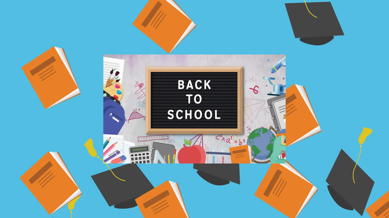 졸업 모자 와 책 아이콘 이 푸른 배경 에 나무 슬레이트 에 있는 학교 텍스트 에 다시 떨어지는