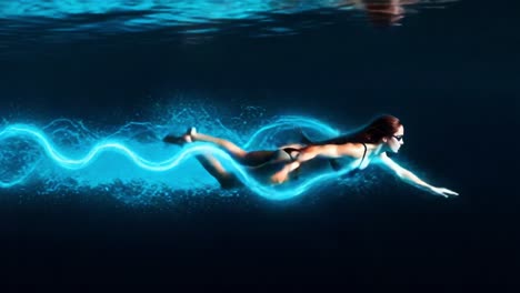captivating underwater journey: a swimmer gracefully glides through the depths, surrounded by enchanting blue light trails in a mystical aquatic scene