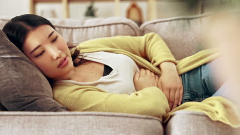 pain, period and asian woman with hands on stomach