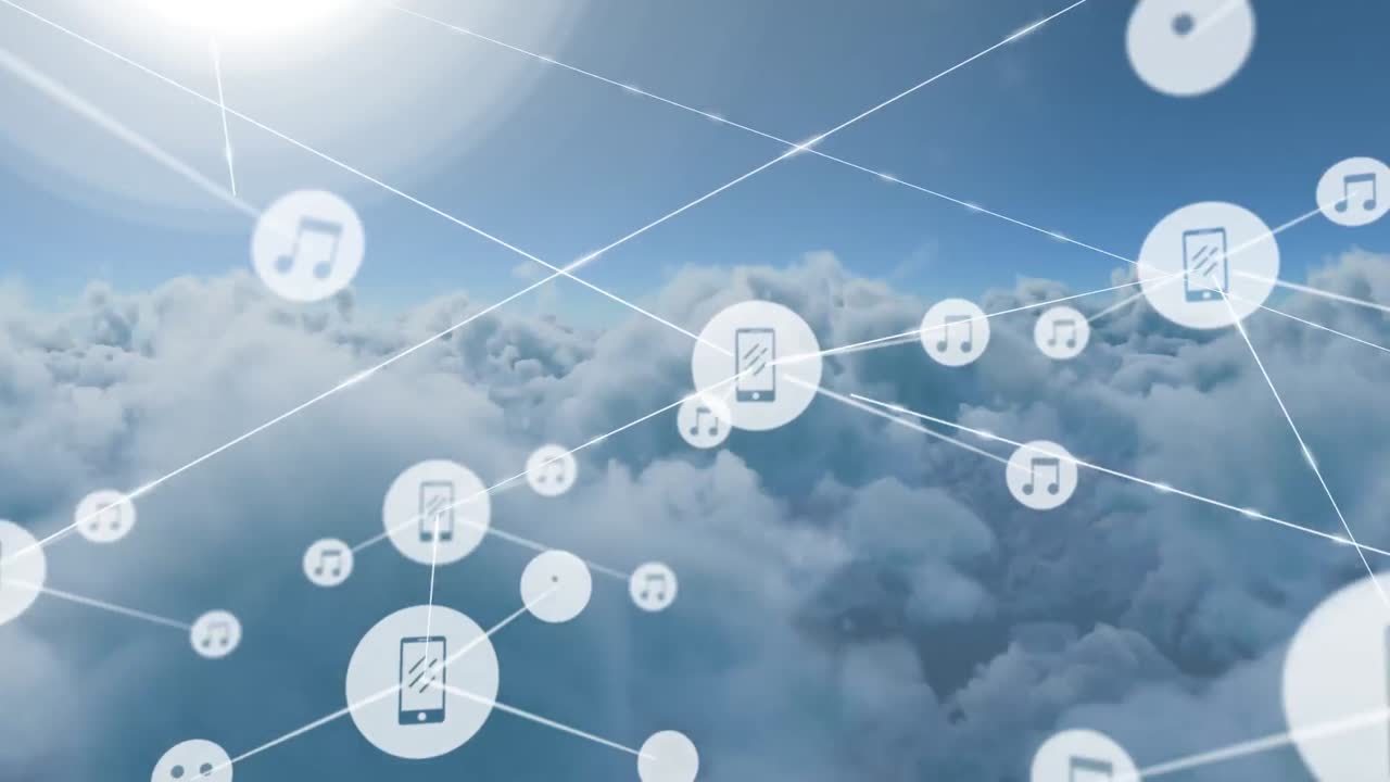 빛나는 태양과 구름 위의 아이콘으로 연결된 네트워크의 애니메이션