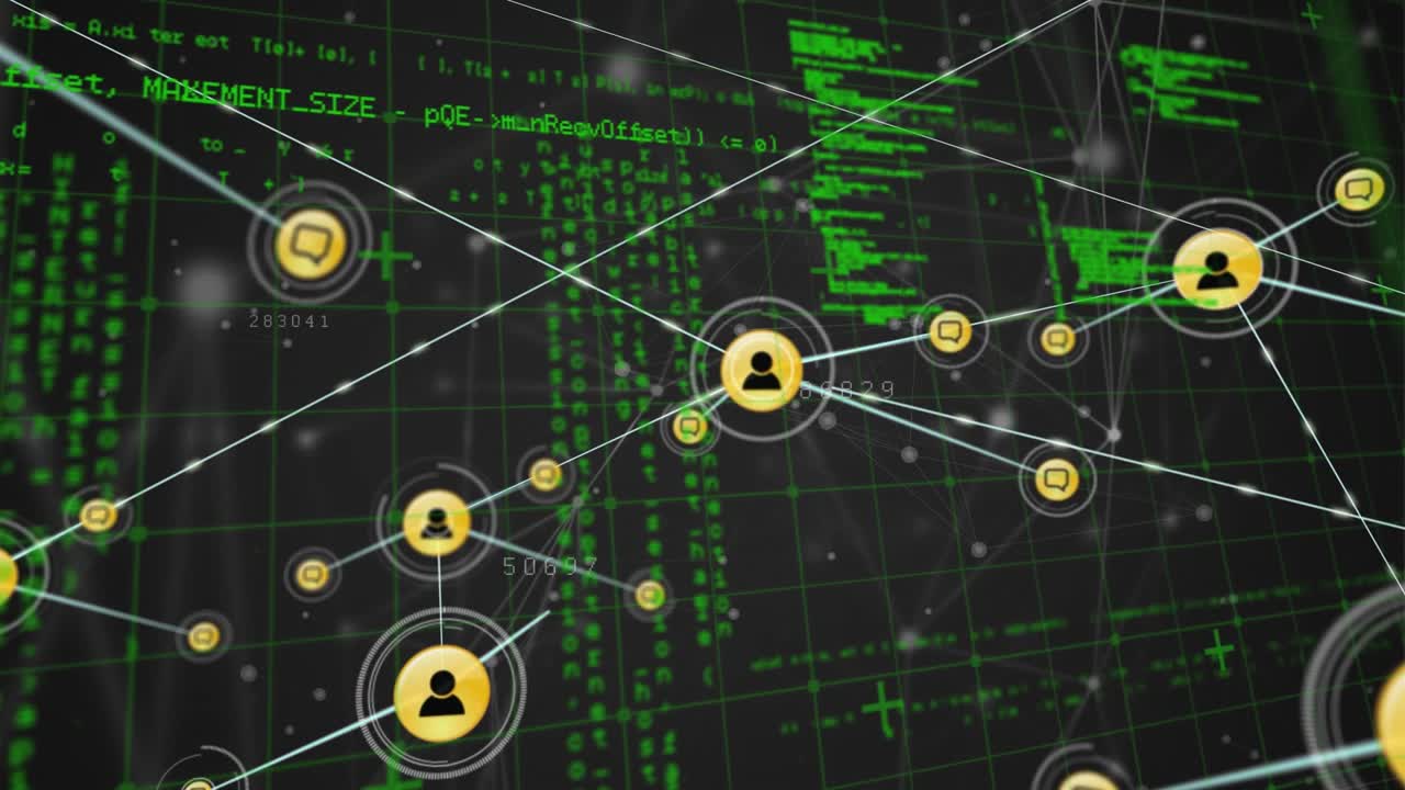 Animazione di elaborazione dati e icone su sfondo nero.