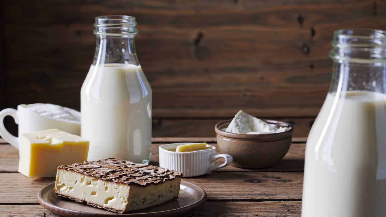 Rustic still life of dairy products on a wooden table, captured at eye level